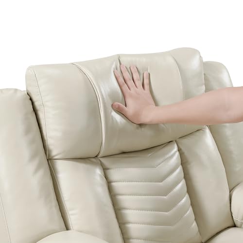 Lexicon Wall Hugger Power Double Reclining Sofa with Center Drop-Down Table, Faux Leather Home Theater Seating with LED Lighting/USB Charging Ports/Wireless Charger/Cup Holders, Magazine Pocket, Beige Lexicon