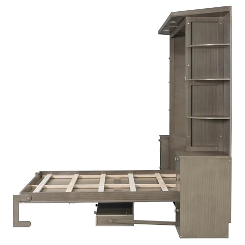 Queen Murphy Bed with Desk,Storage Shelves and LED Lights,Wood Hidden Folding Farmhouse Murphy Wall Bed with Storage Cabinets Bookcase Drawers & Shelves for Adults,Space-Saving (Queen,Natural Wood) MERITLINE