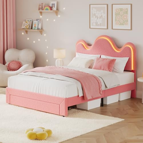 IDEALHOUSE Twin Bed Frame with LED Headboard and Under-Bed Drawer, Metal Upholstered Platform Bed with LED Light for Kids, Girls, Lamb Fleece Fabric, Wooden Slats Support, No Box Spring Needed, Pink IDEALHOUSE