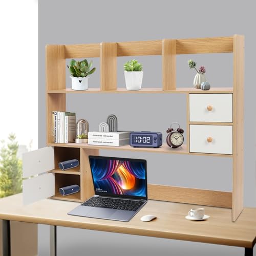 Wood Desk Hutch Organizer, Desktop Hutch with 8 Shelves & 4 Drawers, Vanity Desk with Hutch Top Only, Extendable Small Desk Shelf for Top of Desk, Desktop Bookcase Bookshelf for Home Office Generic