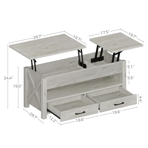Seventable Coffee Table, 47.2" Lift Top Coffee Table with 2 Storage Drawers and Hidden Compartment, Retro Center Table with Wooden Lift Tabletop for Living Room, Gray Seventable