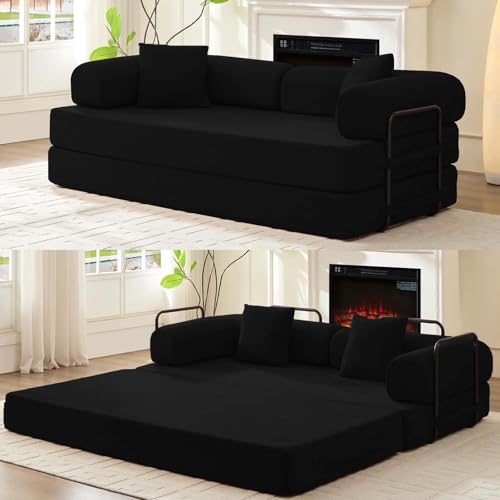Mjkone 78.7"W Convertible Folding Mattress Couch with Armrest, Corduroy Floor Sofa Bed with Metal Fixed-Shape Frame, 5-in-1 DIY Futon Lazy Sofa Cama Lounge Couch for Living Room Bedroom Studio, Black Mjkone