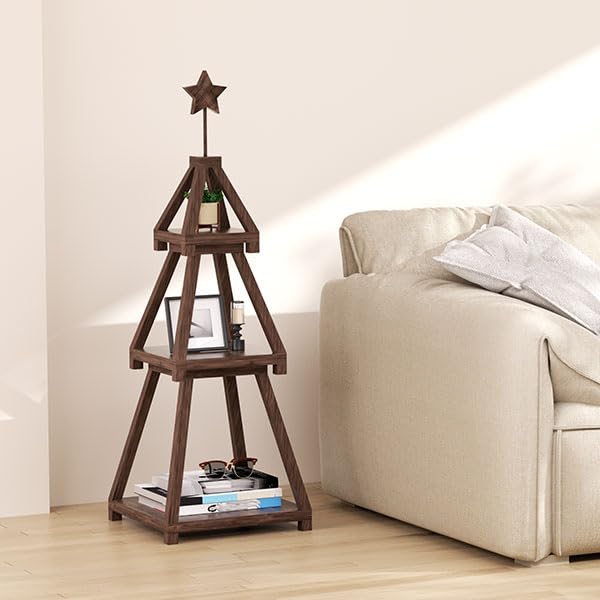 Cotata 41.3 inch 3-Tier Christmas Bookcase,Ladder Corner Solid Wood Tree Bookshelf for liveroom,Walnut Cotata