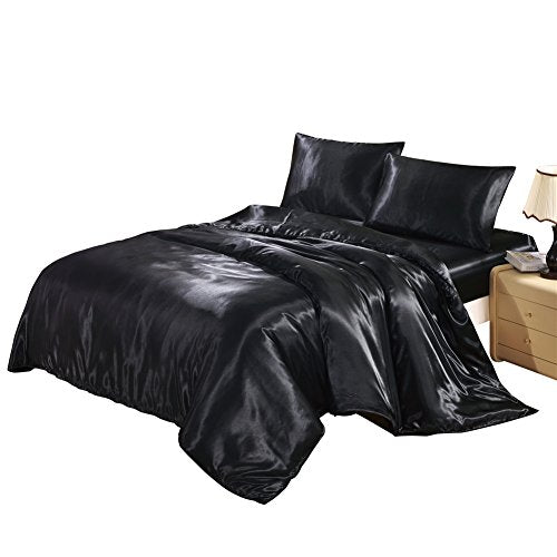 DREFEEL Hotel Quality Solid Silver Black Duvet Cover Set Twin/Single Size Silk Like Satin Bedding with Hidden Zipper Ties Breathable Stain Resistant Quilt/Comforter Cover Set DREFEEL