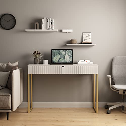 Tamworth Design Elegant Modern Desk, 2 Drawers, Gold Legs, 43.3x15.75 inches, Home Office, Makeup Vanity, Computer, Writing, Study, Entryway, Sofa Table Tamworth Design
