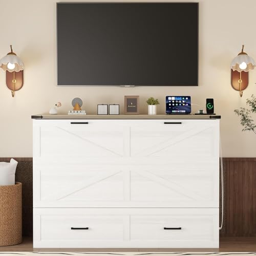 MERITLINE Queen Farmhouse Murphy Chest Bed with Storage Drawers and Charging Station, Wood Folding Hideaway Rustic Murphy Bed Cabinet with Storage for Adults,Space Saving (White)