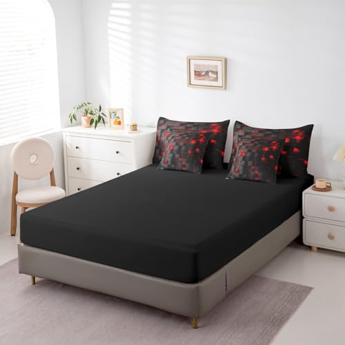 Feelyou Red and Black Bedding Set Full Size Light Geometric Comforter Set with Sheets 7 Piece for Kids Boys Girls Decor Bed in a Bag Modern Bed Set Feelyou