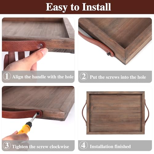 Geevon 2 Set Rustic Wooden Serving Tray with Handles, Large Wooden Ottoman Tray, Nesting Trays for Serving Food, Coffee Table, Stylish Farmhouse Decor Serving Trays, Brown Geevon