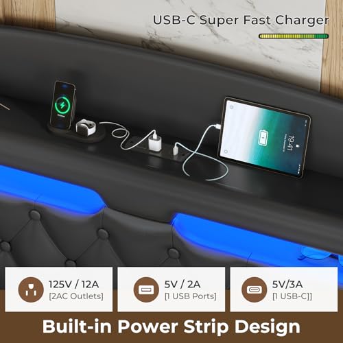 ADORNEVE Floating Bed Frame Queen with Hidden Storage Headboard, Floating LED Bed Frame with Charging Station, Upholstered Leather Platform Bed with Storage, No Box Spring Needed, Black ADORNEVE