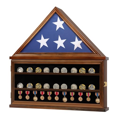 Zmiky Large Burial Flag & Military Challenge Coin Display Case Solid Wood Cabinet Fits a 5 X 9.5 Flag Folded Removable 2 Grooves Shelves and Lockable Zmiky