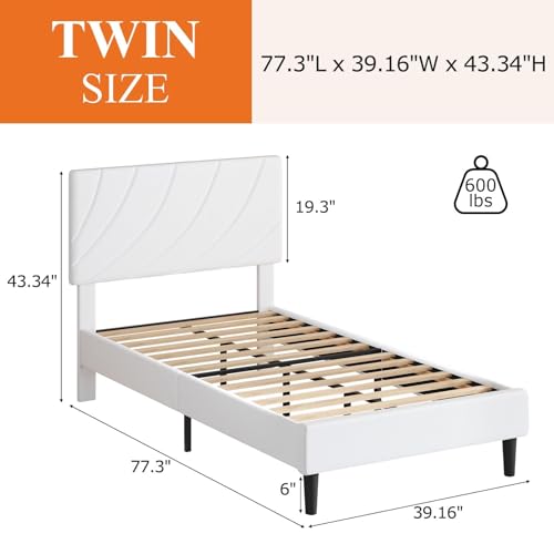 HOMBCK Twin Bed Frames,Twin Size Bed Frame with Linen Fabric Upholstered Headboard and Wooden Slats Support,Adjustable Headboard, No Box Spring Needed, Noise-Free, Easy Assembly, White HOMBCK
