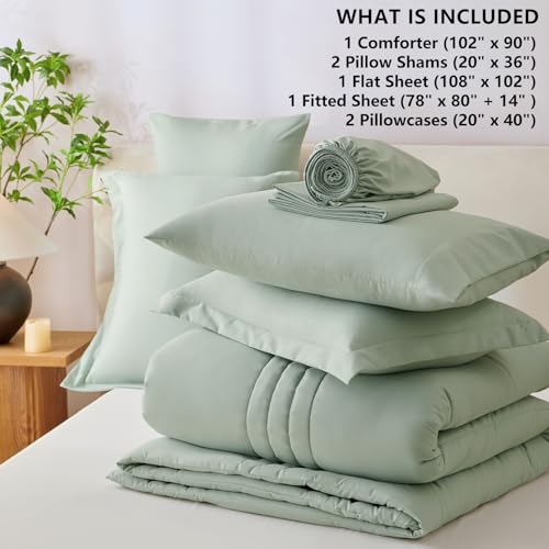 CozyLux King Size Comforter Sets - 7 Piece Bed in a Bag Sage Green Comforter Set with Sheets Luxury Bed Set All Seasons, Soft Bedding Set with Down Alternative Comforter, Sheets, Pillowcases & Shams CozyLux