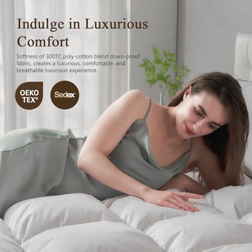 Lightweight Goose Feather Down Fiber Comforter Oversized King, 750 FP Cloudy-Fluffy Duvet Insert, Ultra-Soft Pima Cotton Blend Cover, Hotel Luxury Comforter for Hot Sleepers, White, 120x98 Inches BPC