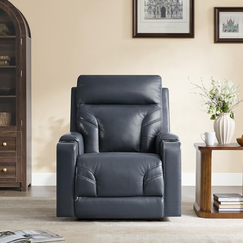 Watson & Whitely Genuine Leather Power Recliner Chair, Wall Hugger Electric Reclining Chair with Cup Holders & Charging Ports for Living Room, Navy Blue