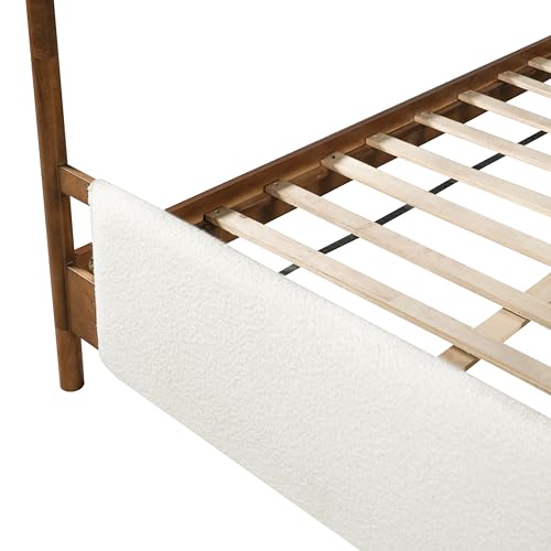 Christopher Knight Home Rotie King Size Canopy Bed Frame, Boucle Upholstered King Size Bed Frame with Headboard, King Platform Canopy Bed, Wooden Slats Support, No Box Spring Needed, White+Brown