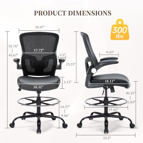 Drafting Chair, Tall Office Chair with PU Leather Seat, Ergonomic Standing Desk Chair with Lumbar Support Counter Height Office Chair with Adjustable Footrest Ring Flip-up Armrests Bondesin