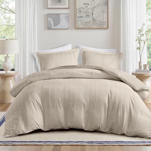 Madison Park Essentials Striped Duvet Cover Set Queen, Modern Minimalist Bedding Set with Premium Jacquard Stripe, 3 Pieces Duvet Cover Reversible with Zipper Closure & Corner Ties,Neutral Madison Park Essentials