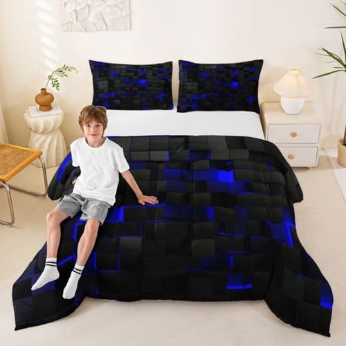 Erosebridal Black Navy Royal Blue Comforter Set Full Neon Geometric Checkered Bedding Set for Teen Boys Gamer Room Decor,Abstract Stereoscopic Grids Quilt Square Plaid Check Bed Set 3 Pcs Erosebridal
