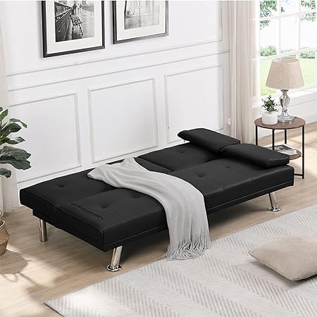 Anwickmak Convertible Futon Sofa Bed,PU Leather Modern Couch Loveseat Sleeper, Folding Daybed Guest Bed, Removable Armrests, 2 Cup Holders, Metal Legs (Black) Anwickmak