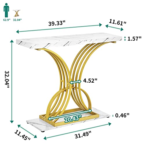 YITAHOME Gold Console Table, Modern Hallway Table for Entryway, 40 inch Entryway Tables Narrow Sofa Table for Living Room, Hallway, Faux Marble White YITAHOME