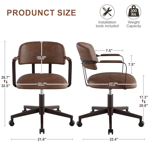 BFZ Mid Century Retro Home Office Desk Chair with Back, Faux Leather Adjustable Height Rolling Swivel Computer Task Armrests Chair for Home Office, Brown BFZ