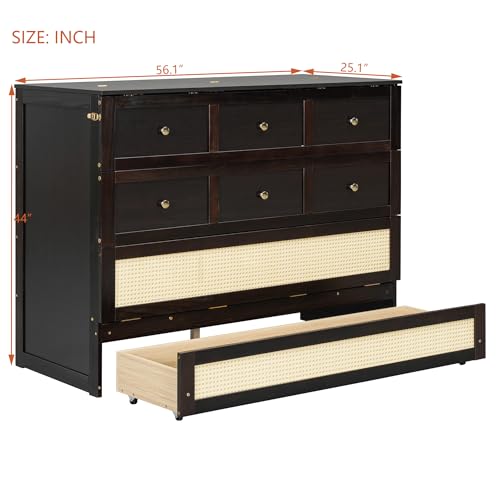 Merax Farmhouse Wood Murphy Bed Chest, Foldable Wall Platform Bed with Storage Drawer/Space Saving/Wood Slat Support/Full, Espresso +Natural