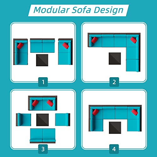 Shintenchi 7 Pieces Patio Furniture Sets Outdoor All-Weather Sectional Patio Sofa Set PE Rattan Manual Weaving Wicker Patio Conversation Set with Glass Table&Ottoman Cushion and Red Pillows, Blue Shintenchi