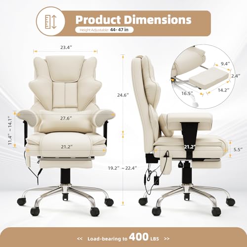 Mvpipi 7-Point Massage Office Chair,Heated Manageral Chair,Ergonomic Executive Chair with Footrest,Adjustable Armrest๏ผComputer Chair for Offices, Study Areas, Gaming Spaces,Beige