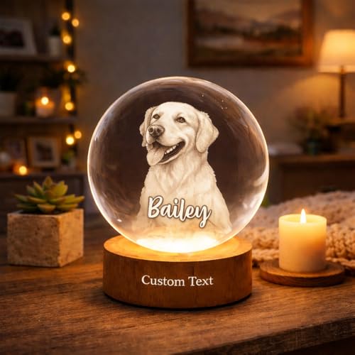 Evamall Personalized Pet Memorial Crystal Ball Night Light, Custom Cat Portrait Lamp, Pet Loss Keepsake, Gift for Dog Lovers, Dog Cat Memorial Gift