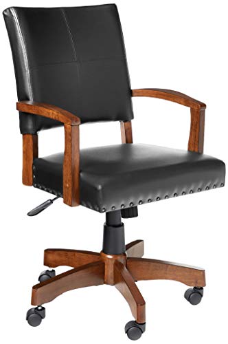OSP Home Furnishings Deluxe Wood Banker's Chair with Antique Bronze Nailheads and Medium Brown Wood, Black Faux Leather OSP Home Furnishings