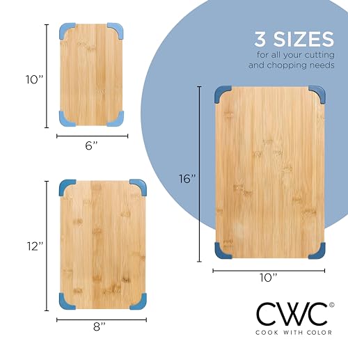 COOK WITH COLOR Bamboo Cutting Board Set- 3 Pc. Large, Medium and Small Non Slip Cutting Boards for Kitchen, Meats, Veggies and Fruit (Light Blue) COOK WITH COLOR