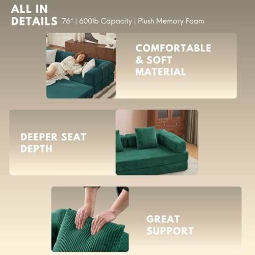 Alpen 77" Futon Sofa, Floor Foldable Sofa Couch Bed Queen with L-Shaped Armrests, Futon Bed with Mattress Included, Fold Out Comfy Lounge for Living Room Bedroom, Dark Green Alpen