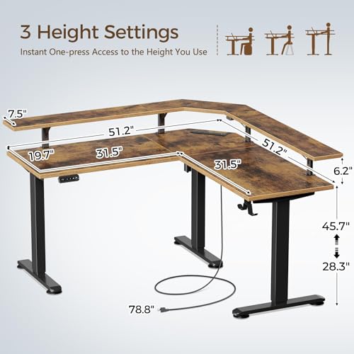 Rolanstar Standing Desk L Shaped with LED Light and Power Outlet, Electric Height Adjustable Computer Office Desk Sit Stand Up with Monitor Stand, Rustic Brown Rolanstar