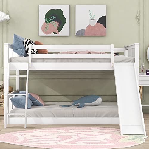 Harper & Bright Designs Floor Low Bunk Bed Full Over Full with Slide and Ladder, Solid Wood Bunk Beds Frame for Saving Space, White Harper & Bright Designs