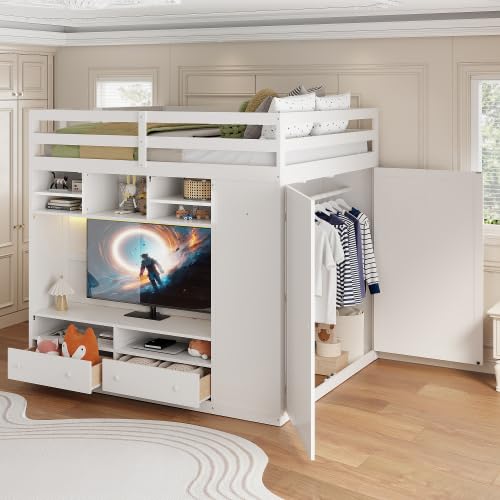 Harper & Bright Designs Full Size High Loft Bed with Drawers & Shelves, Wooden Loft Bed Frame with Wardrobe & LED Light for Kids & Teens (White) Harper & Bright Designs