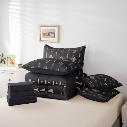 Erosebridal Bull Skull 7 Pcs Comforter Set Full Boho Bedding Ethnic Horns Bohemian Bed in A Bag Black Brown Tribal Symbol Mysterious Aztec Bedroom Decor Abstract Geometric Sheet Set for Men Boys Erosebridal