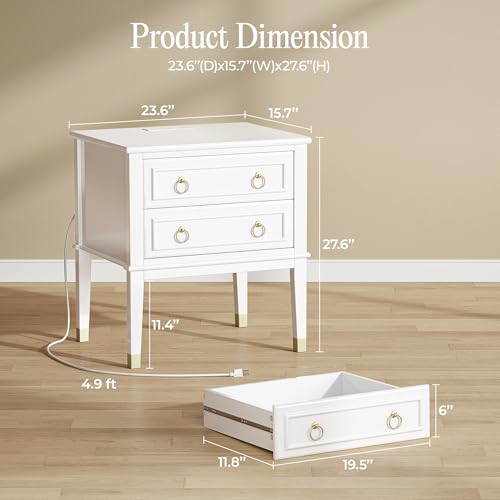 Huuger 27.6 Inch Tall Nightstand with Charging Station, USB-C Port, Larger Night Stand Set of 2, Bedside Table with 2 Drawers, 11.4 Inch Raised Legs, Side Tables End Tables, for Bedroom, White Huuger
