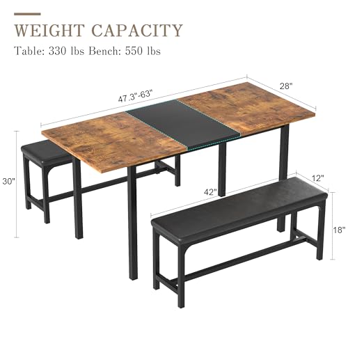 VECELO 3-Piece 63" Extendable Kitchen Table with Benches/Chairs, Modern Breakfast Dinette/Dining Room Set for 4/6/2, Small Space Saving Design, Easy Assembly VECELO