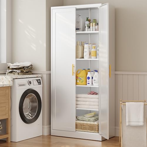 CJF White Kitchen Pantry Cabinet,71 Inch Tall Metal Storage Cabinet with 4 Adjustable Shelves and Doors, Freestanding Pantry Cabinet for Kitchen, Living Room, Dining Room, Bathroom, Easy to Assemble CJF