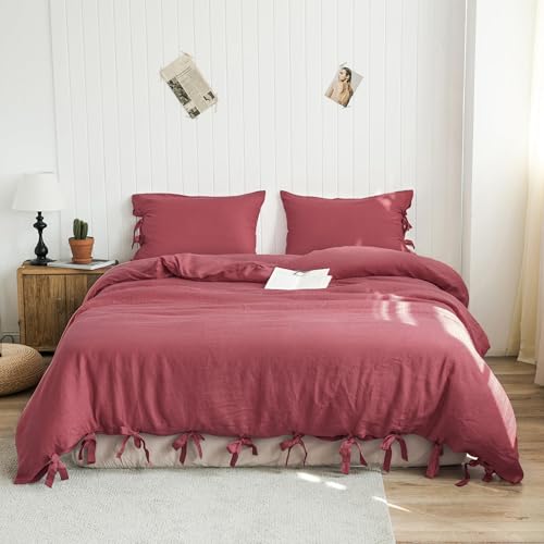 Simple&Opulence 100% French Linen Duvet Cover Set, 3 Pieces Belgian Flax Breathable Bedding, King Size 104''x92'' (1 Comforter Cover+2 Pillowshams) with Tie Closure Style, Red Simple&Opulence