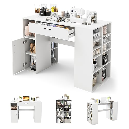 COSTWAY 36” Counter Height Sewing Table, 53 Inch Artwork Craft Table with 14 Open Compartments, 3-Position Adjustable Shelf, 1 Drawer & Cabinet, Project Center Desk Drafting Sewing Workstation, White COSTWAY