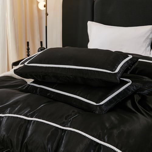 Herside Black Satin Comforter Set 7 Pieces King Size Bed in a Bag Luxurious Satin Bedding Set with Comforter Pillowcases and Sheets Sets Mini Pompoms Design Super Soft Silky Bed Set for All Seasons Herside