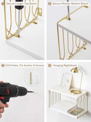 Sivapleso Floating Nightstand with Cable Hole, Modern Minimalism Small Wall Mounted White&Gold Bedside Table Pine Wood Hanging Night Stands Storage 2 Tier Shelf for Bedroom Bathroom Kitchen Sivapleso