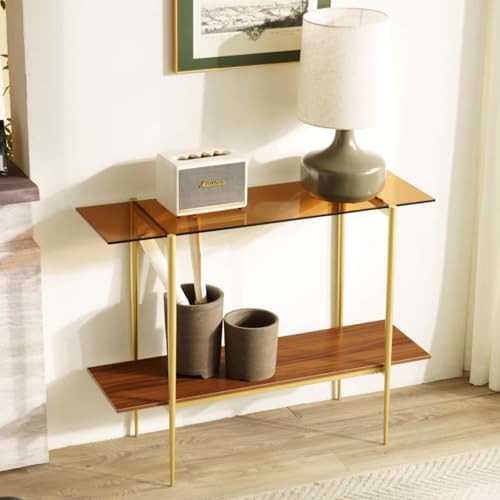 Saint Mossi 2-Tier Brown Console Table for Living Room, Modern Narrow Entryway Table, Glass Sofa Table for Hallway, Foyer, Corridor, Office, Brown Glass Top & Gold Frame, D41×H31xW13 SM Saint Mossi