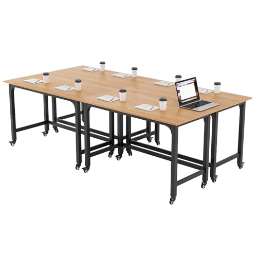 Tangkula Conference Room Table Set of 4, Mobile Computer Desk with Removable Storage Bag & 2 Hanging Hooks, Rolling Meeting Table with Heavy-Duty Metal Frame, Conference Desk (Natural) Tangkula
