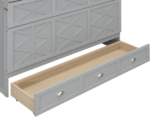Virubi Queen Farmhouse Murphy Bed with Storage Drawer and Charging Station,Wood Folding Hidden Murphy Chest Bed Cabinet for Adults,Space Saving (Gray)