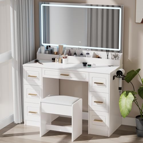 Homesflex Vanity Desk with Mirror and LED Lights, 43'' W Makeup Vanity Desk with Power Outlet, 3 Color Modes, 7 Drawers Vanity Table with Chair, Dressing Table for Bedroom, Dressing Room (White) Homesflex