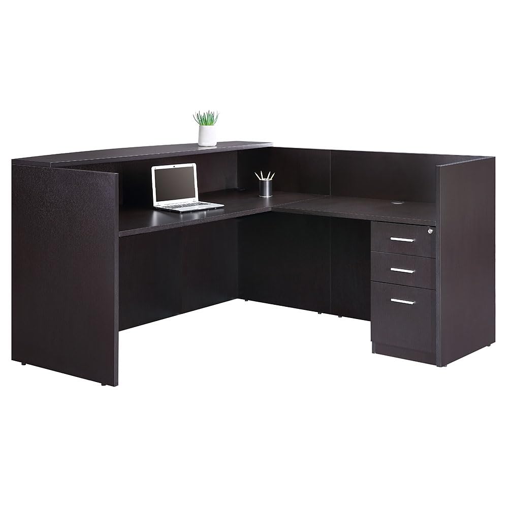 NBF L-Shaped Modern Reception Desk with Counter - 71" W x 30" D Retail Checkout Counter - Reversible Front Desk Reception Counter - Countertop Welcome Desk for Office Lobby Salon Store, Brown nbf signature series