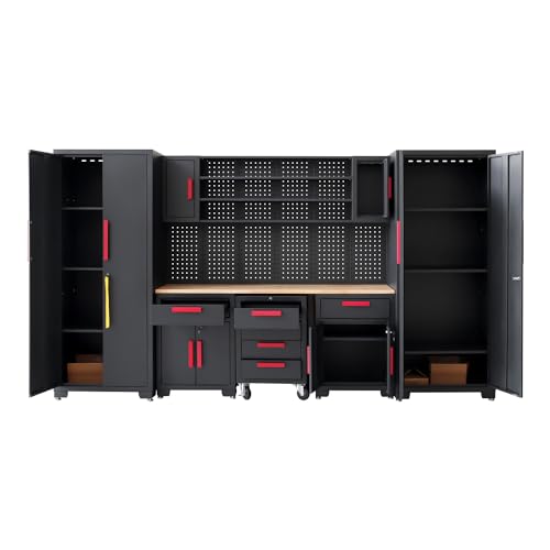 HPDMC Garage Storage Cabinet System 9-Pcs Workshop Set Garage Cabinets and Storage System with Steel Cabinet Drawers, Rolling Chest, Workbench, Pegboard for Garage Tool Organization, Black and Red HPDMC