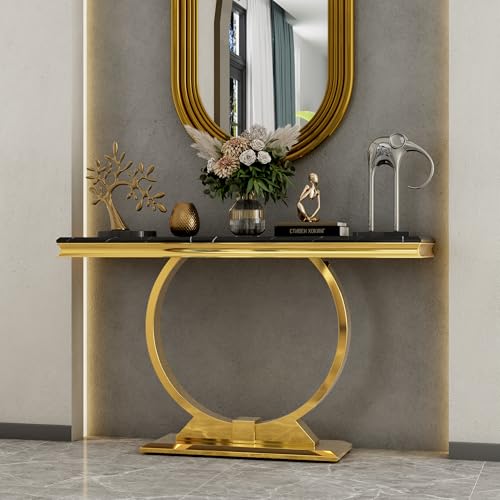 Asday Gold Console Table, 50 inch Glam Black and Gold Entryway Table with U-Shaped Base, Polished Gold Entrance Table with Black Top for Entryway, Hallway, Foyer Asday